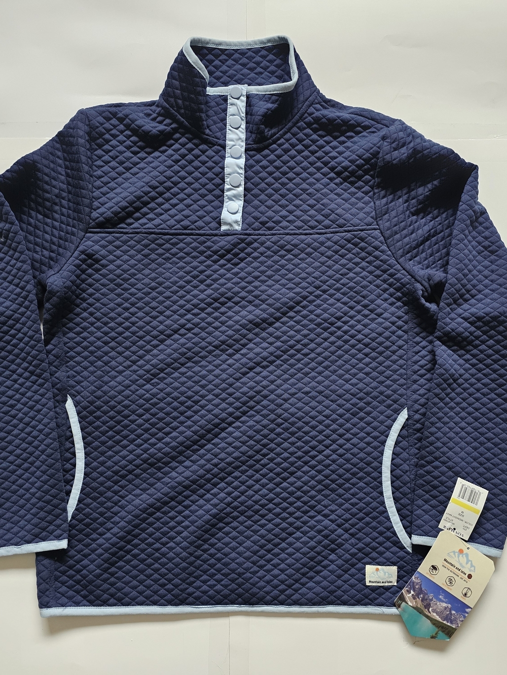 Quilted Navy Cowl Pullover with Light Blue Trim - Women's Turtleneck Sweater